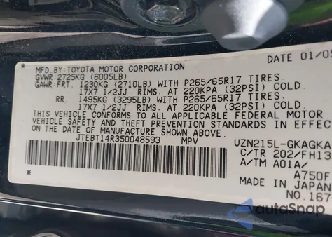 2005 Toyota 4Runner Sr5 Sport из США, поврежденный, VIN JTEBT14R350048593